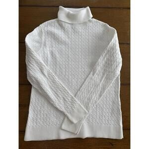 Lands End Women’s White Cable Turtleneck Sweater Medium 10-12 100% Supima Cotton